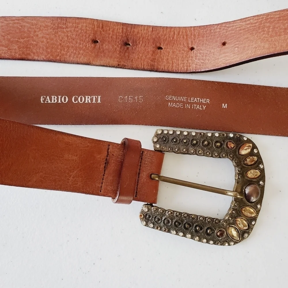 Fabio Corti Genuine Leather Belt Brown Jeweled Beaded Oversized Buckle‎ Italy